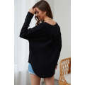 Black Waffle Knit Splicing Buttons Long Sleeve Top