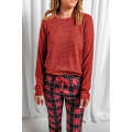 Solid Long Sleeve Top and Plaid Pants Loungewear