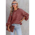 Red Heathered Knit Drop Shoulder Puff Sleeve Sweater