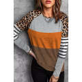 Gray Leopard Striped Color Block Long Sleeve Blouse
