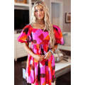 Red Abstract Print Square Neck Puff Sleeve Dress