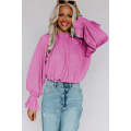 Pink Striking Pleated Flared Cuff Long Sleeve Blouse