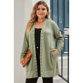 Green Plus Size Snap Buttons Front Knit Cardigan