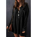 Black Waffle Knit Buttoned Long Sleeve Top