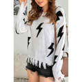 White Distressed Knit Bolt Sweater