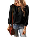 Black Solid Color 3/4 Sleeve Round Neck Blouse