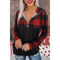 Black Contrast Buffalo Plaid Zip Pullover Hooded Top