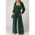 Green Smocked Square Neck Long Sleeve Wide Leg Jumpsuit