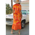 Orange Boho Floral Smocked Waist Maxi Dress with Slit