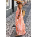 Orange Abstract Print Spaghetti Straps Backless Tiered Maxi Dress