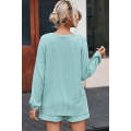 Mist Blue Corded V Neck Slouchy Top Pocketed Shorts Set