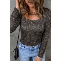 Green Olive Strappy Hollow-out Scoop Neck Long Sleeve Leopard Bodysuit