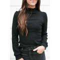 Black Solid Color Ruffled High Neck Long Sleeve Top