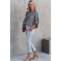 Gray Heathered Knit Drop Shoulder Puff Sleeve Sweater