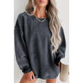 Gray Solid Ribbed Knit Round Neck Pullover Sweatshirt