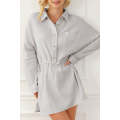 Gray Rolled-Up Sleeve Buttoned Drawstring Textured Dress