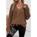 Coffee Pointelle Knit Button V Neck Drop Shoulder Sweater