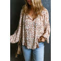 Apricot Western Print Balloon Sleeve Tassel Blouse