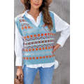 Sky Blue Tribal Print V Neck Knitted Sweater Vest