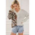 Leopard Color Block V Neck Drop Shoulder Knit Sweater