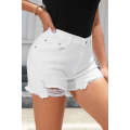 White Solid Color Distressed Denim Shorts