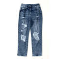 Navy Blue Light Wash Frayed Slim Fit High Waist Jeans