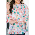 Multicolor Printed Frilled Neck Smocked Loose Blouse