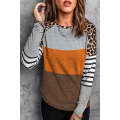 Gray Leopard Striped Color Block Long Sleeve Blouse