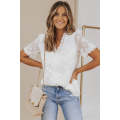 White Jacquard Lace Crochet Contrast V Neck T Shirt