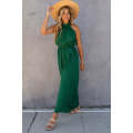 Green Halter Neck Pleated Wide Leg Jumpsuit with Belt