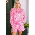 Pink Leopard Long Sleeve Satin Tie Shorts Two Piece Set