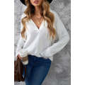 White Turn-down V Neck Long Sleeve Top