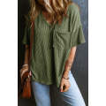 Jungle Green Corded V Neck Chest Pocket Loose T-shirt