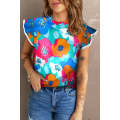 Sky Blue Multicolor Abstract Print High Neck Flutter Sleeves Top