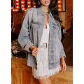 Dusk Blue Rhinestone Embellished Flap Pocket Denim Jacket