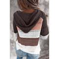 Brown Zipped Front Colorblock Hollow-out Knit Hoodie