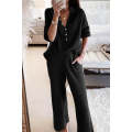 Black Ribbed Knit Collared Henley Top and Pants Lounge Outfit