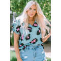 Sky Blue Ruched Short Sleeve Leopard Print Blouse
