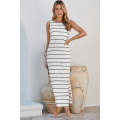 White Stripe Print Open Back Sleeveless Maxi Dress with Slits
