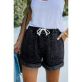 Black Pocketed Drawstring High Waist Denim Shorts