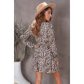 Leopard Ruffle V Neck Long Sleeve Tunic Mini Dress