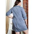 Light Blue Ruffled 3/4 Sleeve Buttoned Front Plus Size Denim Dress