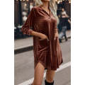 Coffee Collared V Neck Two Pockets Shift Velvet Dress