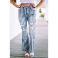 Sky Blue Vertical Striped Ripped Flare Jeans