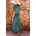 Blackish Green Solid Color V Neck Wrap Pleated Short Sleeve Maxi Dress