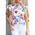 Multicolor Abstract Print Ruffle Sleeve Smocked Blouse