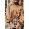 Brown Puff Sleeve Collared Pleated Babydoll Blouse