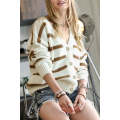White Striped Knit V Neck Sweater Cardigan