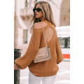 Brown Crew Neck Cold Shoulder Hollow-out Back Sweater