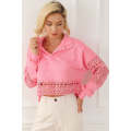 Pink Hollowed Lace Splicing Cropped Sweatshirt